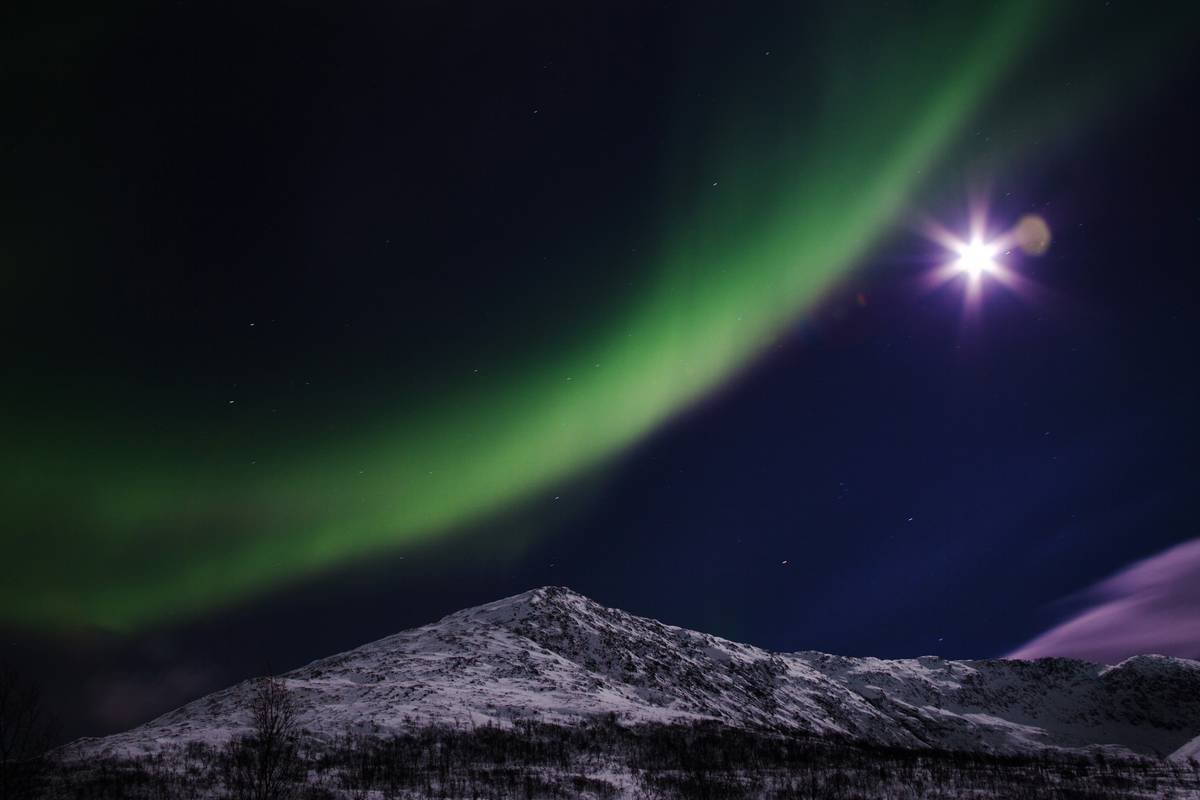 Green aurora borealis over snow-capped mountains at night